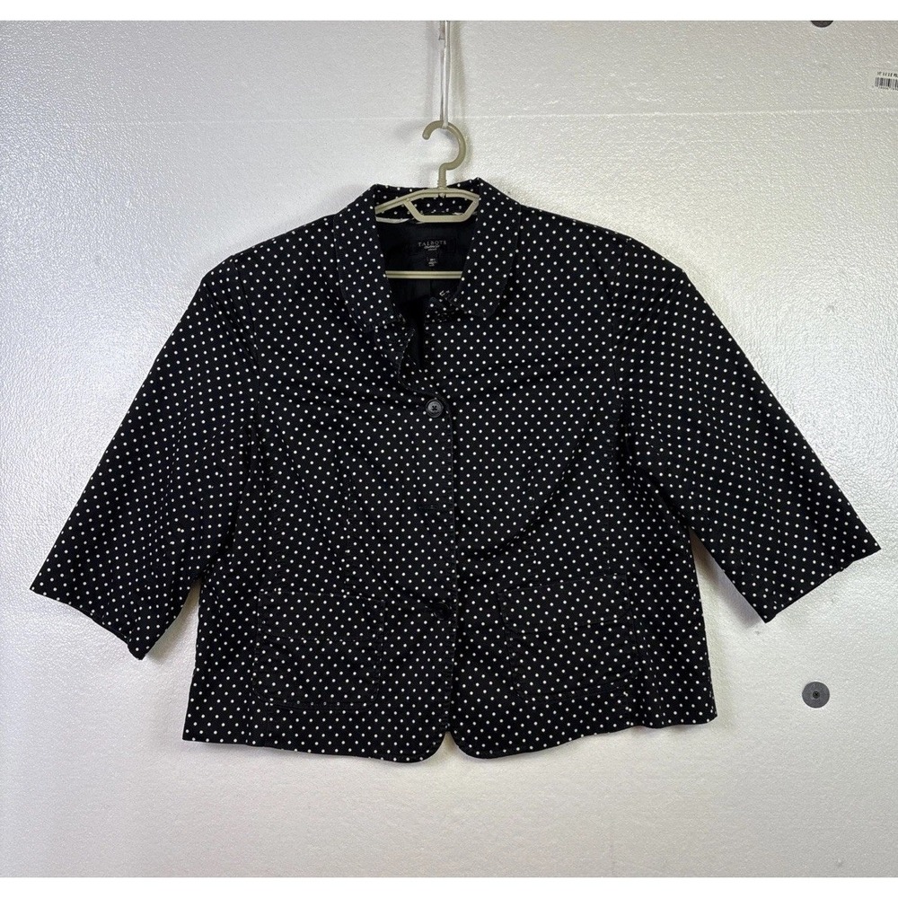 Talbots Womans Dress Jacket 18W Polka Dot Black white Button up 3/4 Sleeve